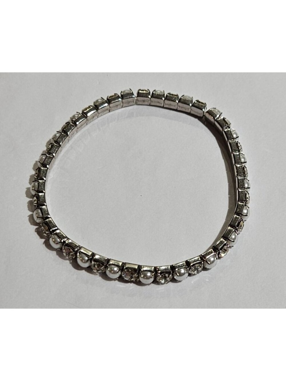 Silvertone Faux Pearl Clear Rhinestone Stretchy Bracelet 6.25 inches Unstretched